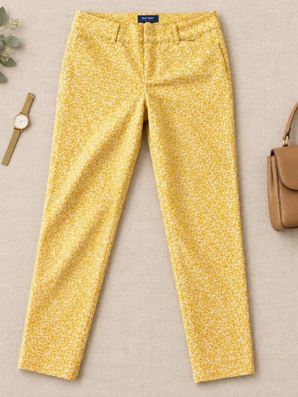 Old Navy Mid-Rise Pixie Ankle Pants Mustard Yellow Floral Leaf Print Size 4